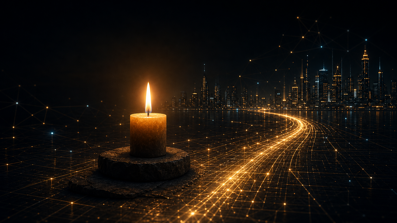 A candle illuminating a golden digital pathway into a night city.
